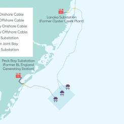 Karta över lokalisering av vindparken Ocean Wind 1 och dess två transformationsstationer i Lanoka (Fd Oyster Creek Plant) och i Peck Bay utanför delstaten New Jerseys kustremsa (Fd BL England. Källa: Ørsted