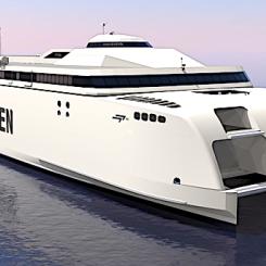 Bygget av Molslinjens nya elektriska jättelika katamaraner är nu igång vid varvet Incat i Tasmanien. Varvet har även presenterat designförslag för de helt eldrivna fartygen – och de utlovas bli både imponerande och kraftfulla. De två färjorna, och sannolikt också en tredje före årsskiftet 2027–2028, ska stå för en grön omställning och ersätta de dieseldrivna katamaranerna på rutten mellan Jylland och Själland. Illustration: Molslinjen