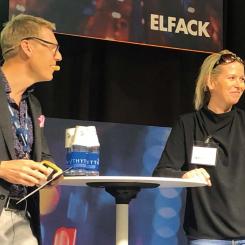 Lars Bern, projektledare på Lindholmen Science Park och Charlotta Ahlberg, strategisk analytiker vid Volvo Cars föreläste om projektet PEPP (Public EV Power Pilots) på Elfackmässan i Göteborg. Susanne Strömberg från RISE (inte med på bild) deltog också vid föreläsningen.