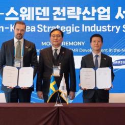 Avtalet undertecknades nyligen under Korea-Sweden Strategic Industry Summit i Seoul, där bland andra Kärnfull Nexts vd Christian Sjölander och Samsungs chef för byggnadsverksamheten Oh Se-cheol närvarade. Foto: Kärnfull Next