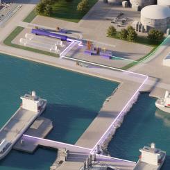 Illustration över byggnationen av en anläggning för förvätskning av biogas i Göteborgs hamn. Pressbild: Nordion Energi