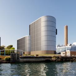 Den nya biobränsleeldade ångpannan integreras med Rya kraftvärmeverk och blir ett nytt visuellt landmärke i Göteborgs hamninlopp. Foto: Göteborg Energi