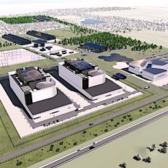 Visualisering av ett kärnkraftverk med två BWRX-300-reaktorer. Bild: Fermi Energia.