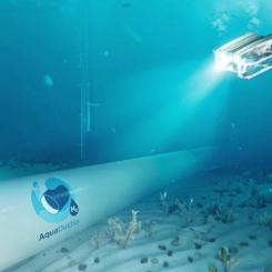 Visualisering av en ytterligare planerad så kallad AquaDuctus-ledning i Nordsjön (med fjärrstyrt inspektionsfordon). Denna 300 kilometer lång pipeline som ska transportera upp till en miljon ton grön vätgas från Nordsjön till Tyskland, beräknas kunna spara landet upp till trettio miljarder euro, enligt energiministern i delstaten Niedersachsen.