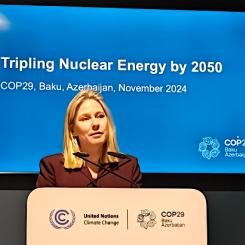 Generaldirektören för World Nuclear Association, Sama Bilbao y León, talar vid FN:s klimatkonferens COP29 i Baku, Azerbajdzjan. Foto: World Nuclear Association