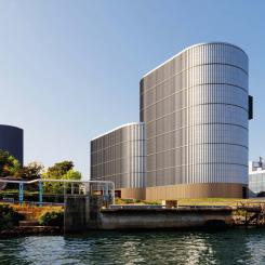 Visionsbild på Göteborg Energis nya biobränsleeldade ångpanna i Göteborgs hamninlopp.
