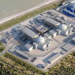 Sizewell C i mitten av bilden med det befintliga Sizewell B uppe till höger. Illustration: Brittiska regeringen