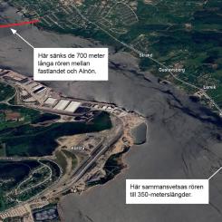 Rören levereras i 16-meterslängder och svetsas ihop på land för att bilda fyra sektioner som är cirka 350 meter långa. Pressbild: FVB