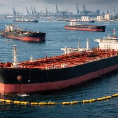 Tankfartyg med rysk olja väntar utanför asiatiska hamnar i brist på köpare. Symbolbild: AI-genererad bild. Ej ett fotografi. Upphovsrätt © Conventus