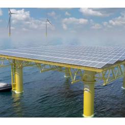 Det marina flytande konceptet för solpaneler, Seavolt, håller på att patenteras av de belgiska partnerna Jan De Nul, Tractebel och DEME.  Fotokredit: Seavolt