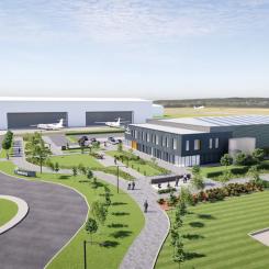 Illustration av ZeroAvias planerade tillverkningsanläggning för bränslecelldrivna flygplansmotorer nära Glasgows flygplats. Bild: ZeroAvia