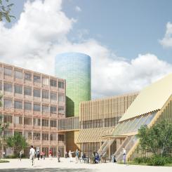 Det vinnande förslaget på hur fjärrkylaanläggningen i hamnen ska se ut. Varbergs Fastighets AB, illustration: Magasin 7, gestaltning: EGA Erik Giudice Architecture.