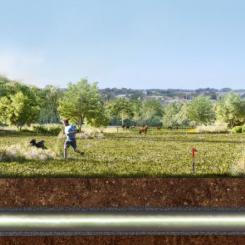 Visualiseringsbild: Vätgasinfrastuktur går under mark och har minimal åverkan på natur, odling och djurnäring. Foto: Nordeon Hydrogen